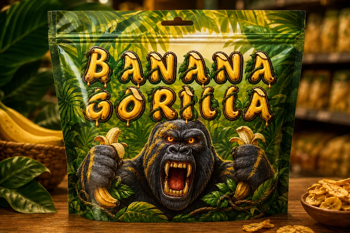 Banana Gorilla printed on tropical snack packaging
